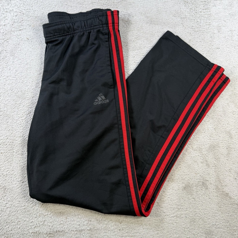 Adidas Track Pants Mens Medium Black Drawstring Pocket Red 3 Stripe Active Gym